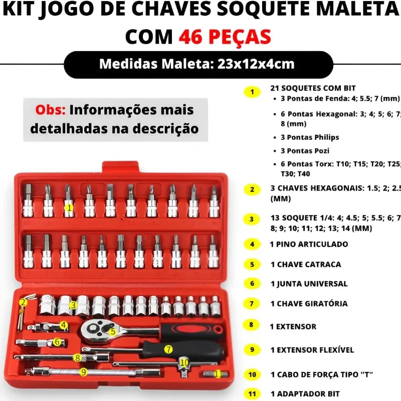 Kit Chaves Soquetes Catraca Reversíveis 46 Peças + Estojo