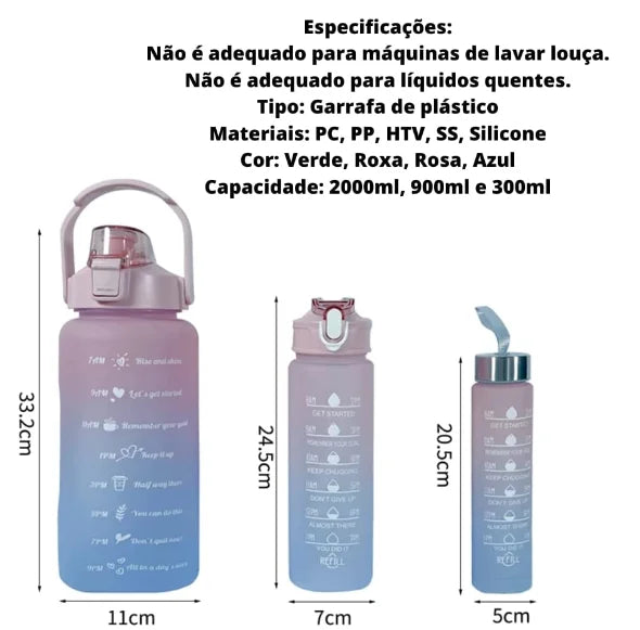 Kit de Garrafa de Água com Adesivos 300ML + 900ML + 2000ML